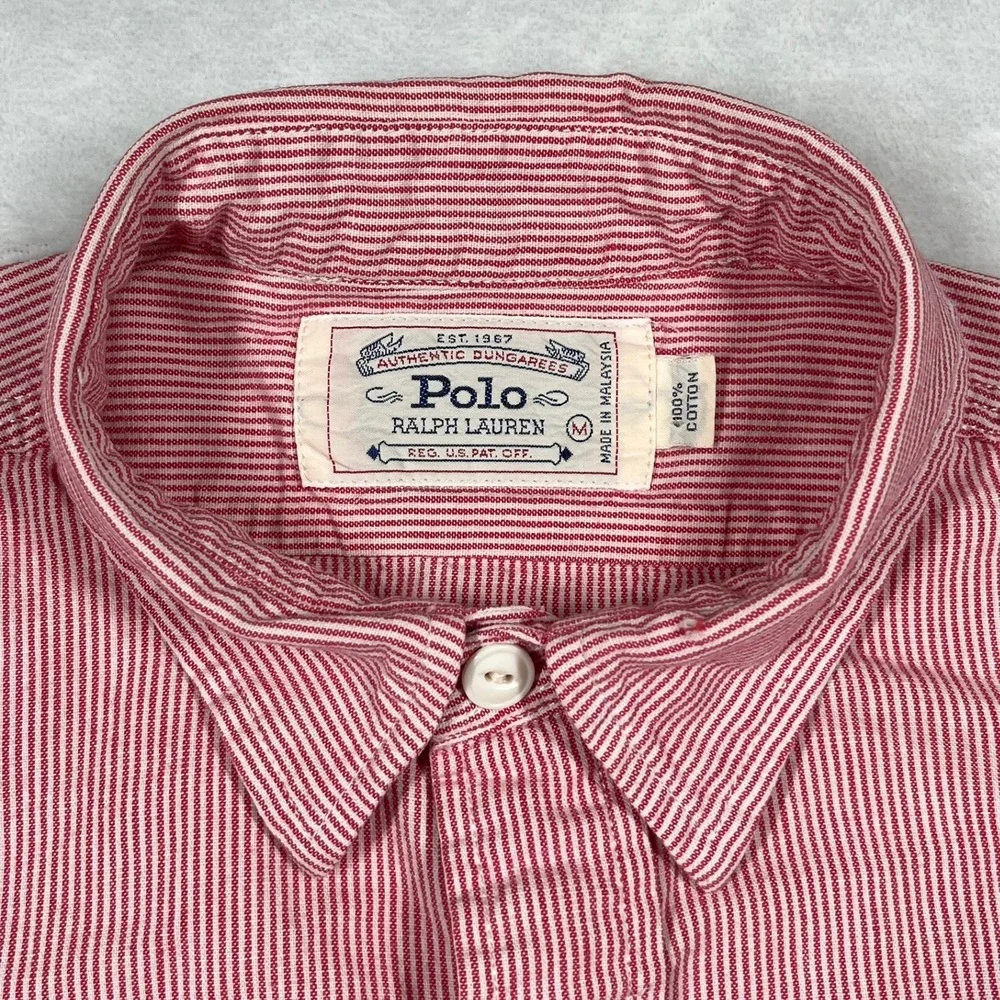 Polo Ralph Lauren Button Down Mens M Red Hickory Stripe Shirt Long Sleeve *Flaw